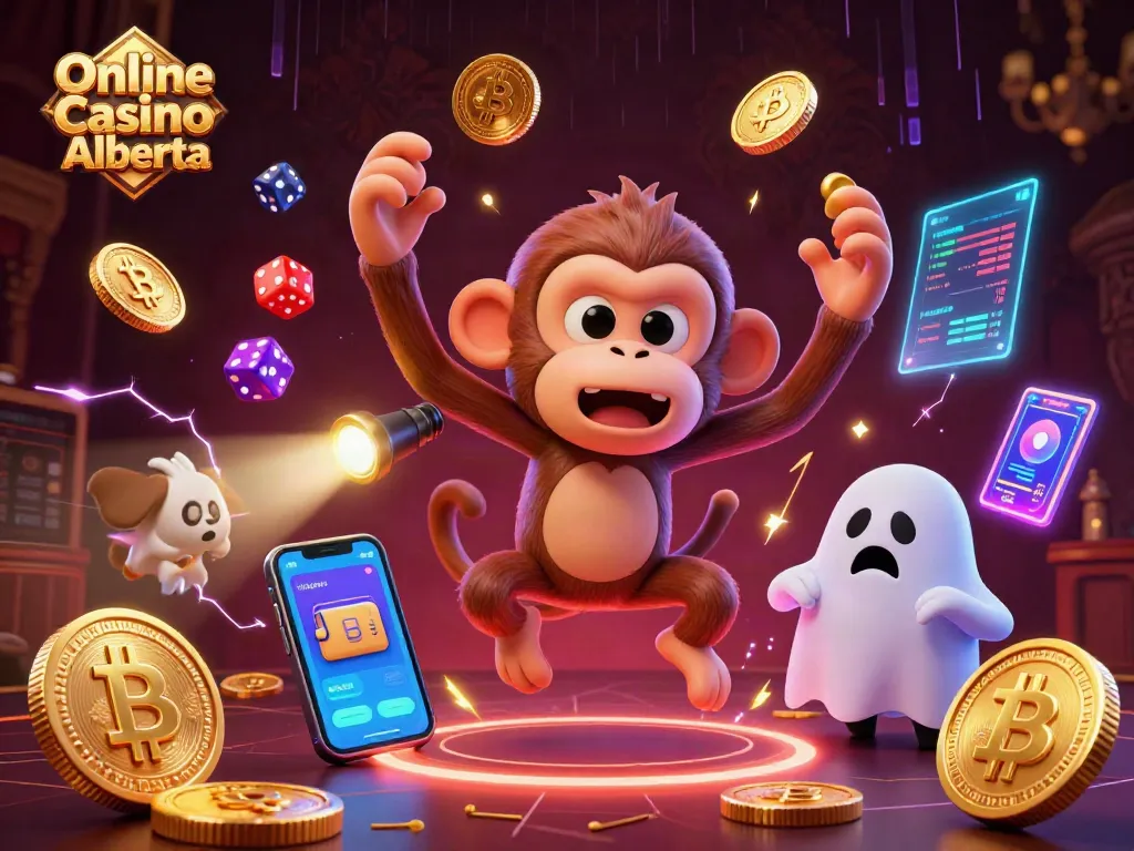 Experience the thrills of Online Casino Alberta with a poltergeist monkey and a ghost-hunter puppy in this vibrant scene.