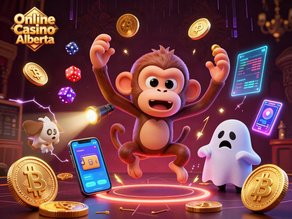 Experience the thrills of Online Casino Alberta with a poltergeist monkey and a ghost-hunter puppy in this vibrant scene.