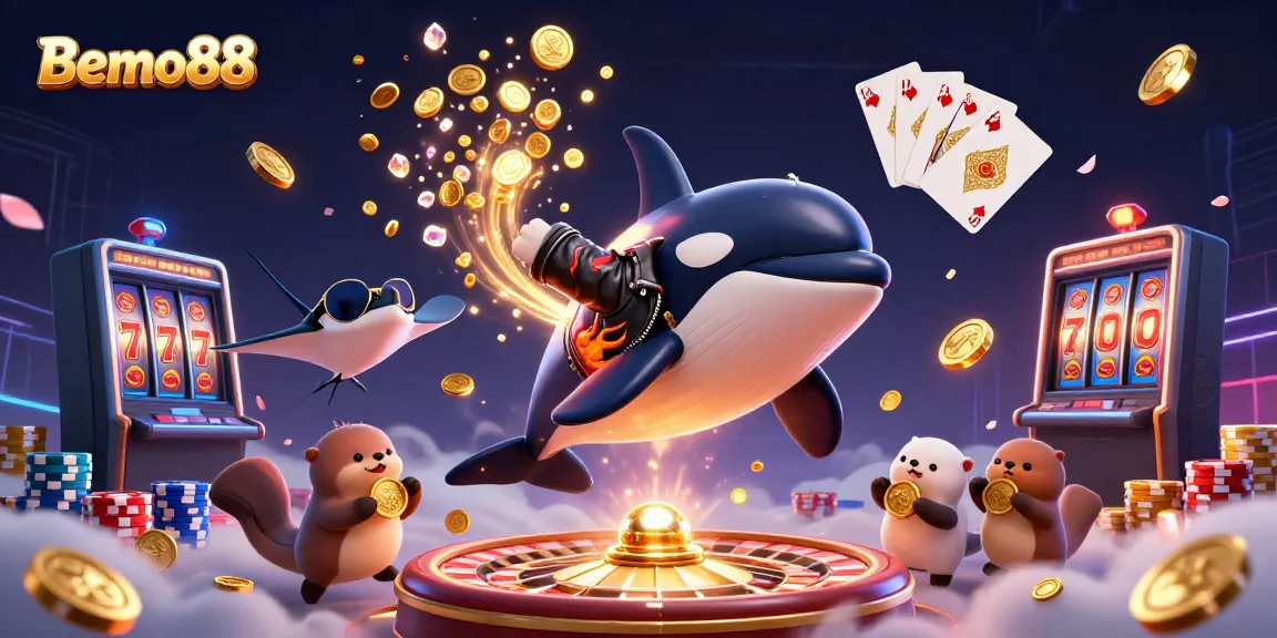 Engage with Bemo88 through vibrant gaming dynamics featuring an orca, stingray, and sea otters in a 3D casino scene.