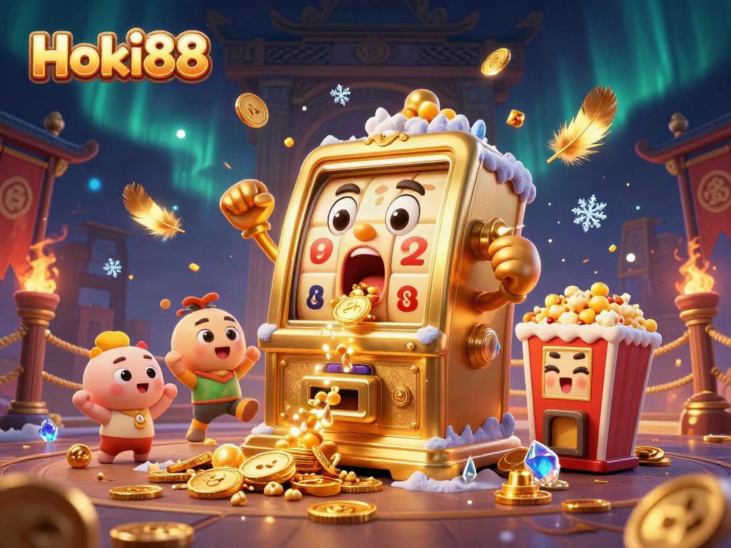 Hoki88 menghadirkan slot mesin emas ceria yang mengejutkan jackpot dengan koin berjatuhan, dikelilingi elemen kasino.