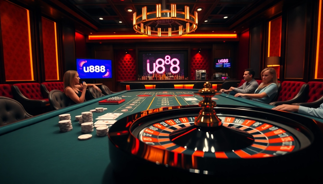 u888 players enjoying a thrilling card game at a vibrant casino table with chips and cards.