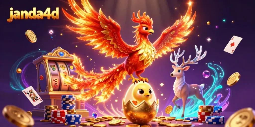 Permainan slot janda4d yang menampilkan phoenix api dan elemen kasino yang menakjubkan.