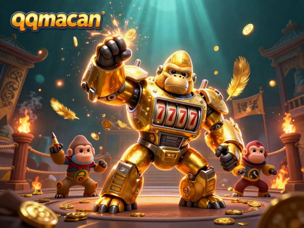 Join the action at qqmacan with a golden gorilla mech blasting coins in a vibrant casino scene.