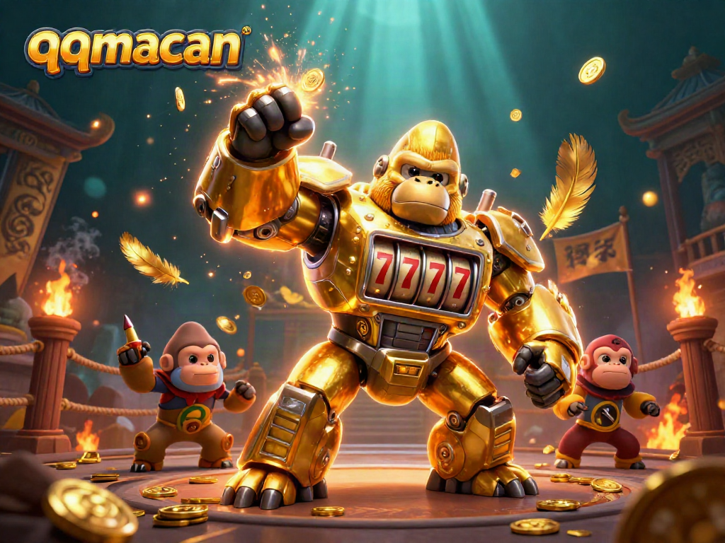 Join the action at qqmacan with a golden gorilla mech blasting coins in a vibrant casino scene.