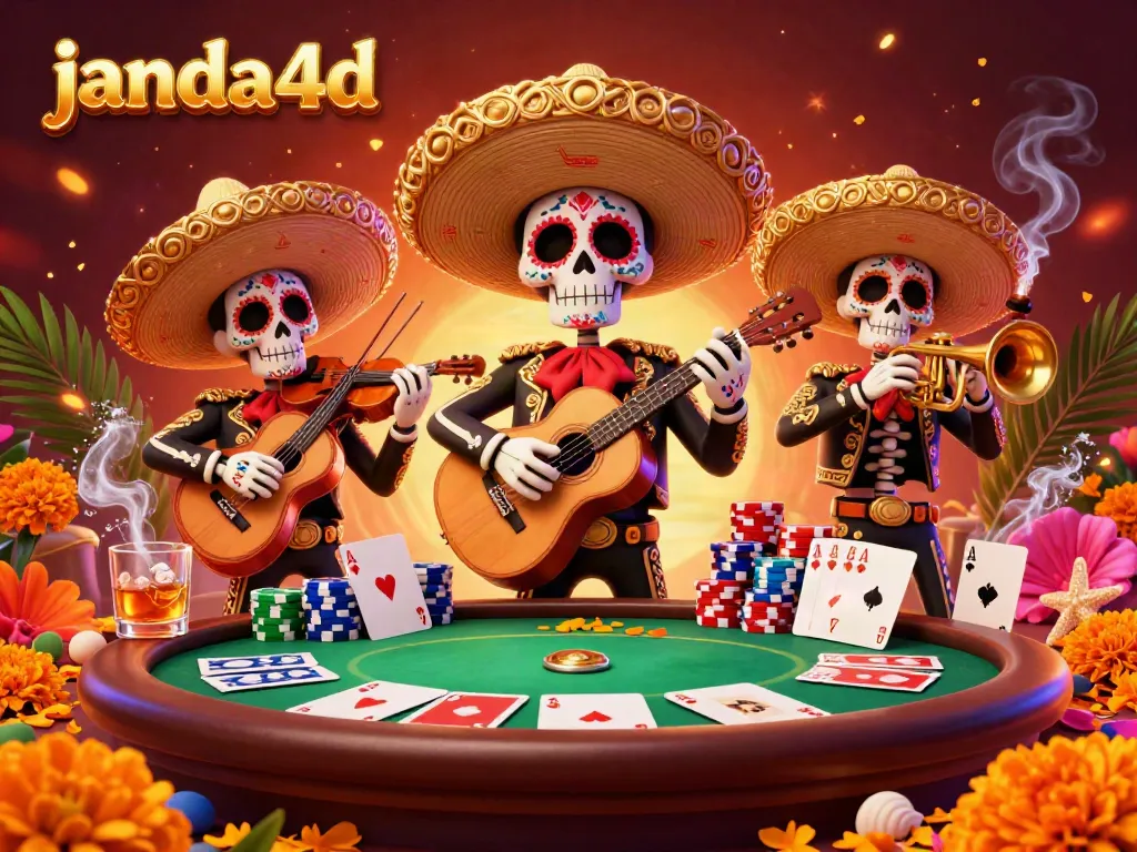 Gambar kasino janda4d dengan mariachi tengkorak, tumpukan chip poker dan suasana ceria.