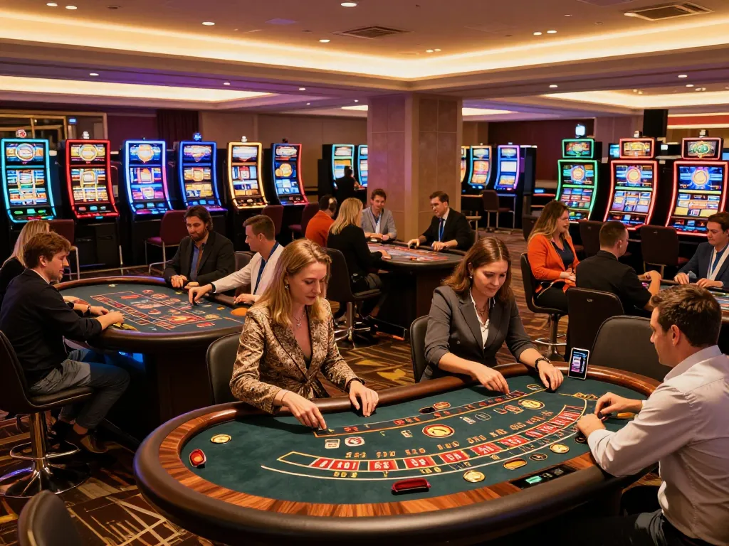 Players enjoying games at Canadian online casinos on an elegant casino floor buzzing with excitement