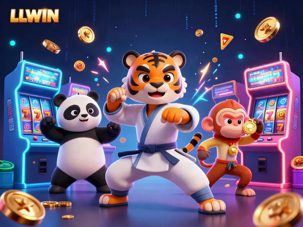 LLWIN features a 3D tiger master in a casino scene, illustrating vibrant slot gameplay elements.