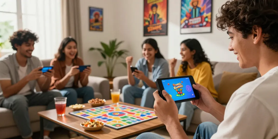 Engaged friends playing Rumble Rummy on a smartphone in a cozy living room.