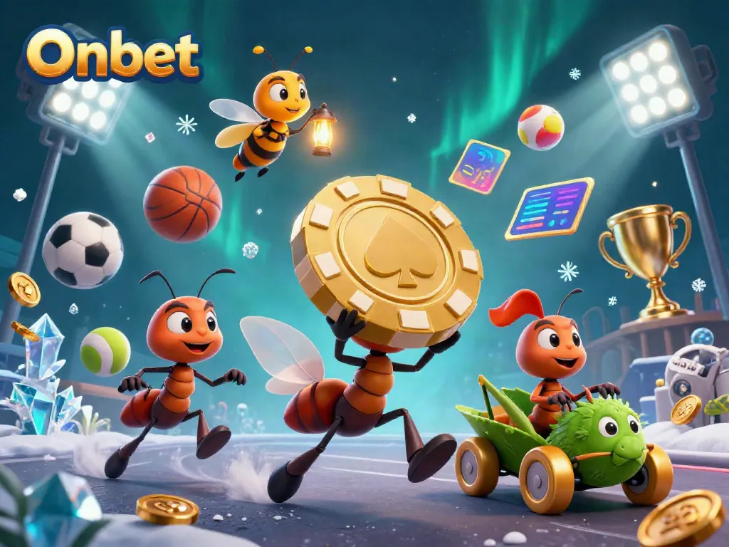 Onbet ants engaged in a vibrant casino heist with golden chips and sports elements.
