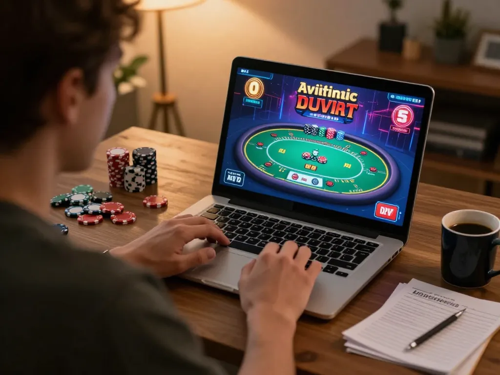 Engaged player enjoying betbet online casino games on a laptop in a cozy home office.