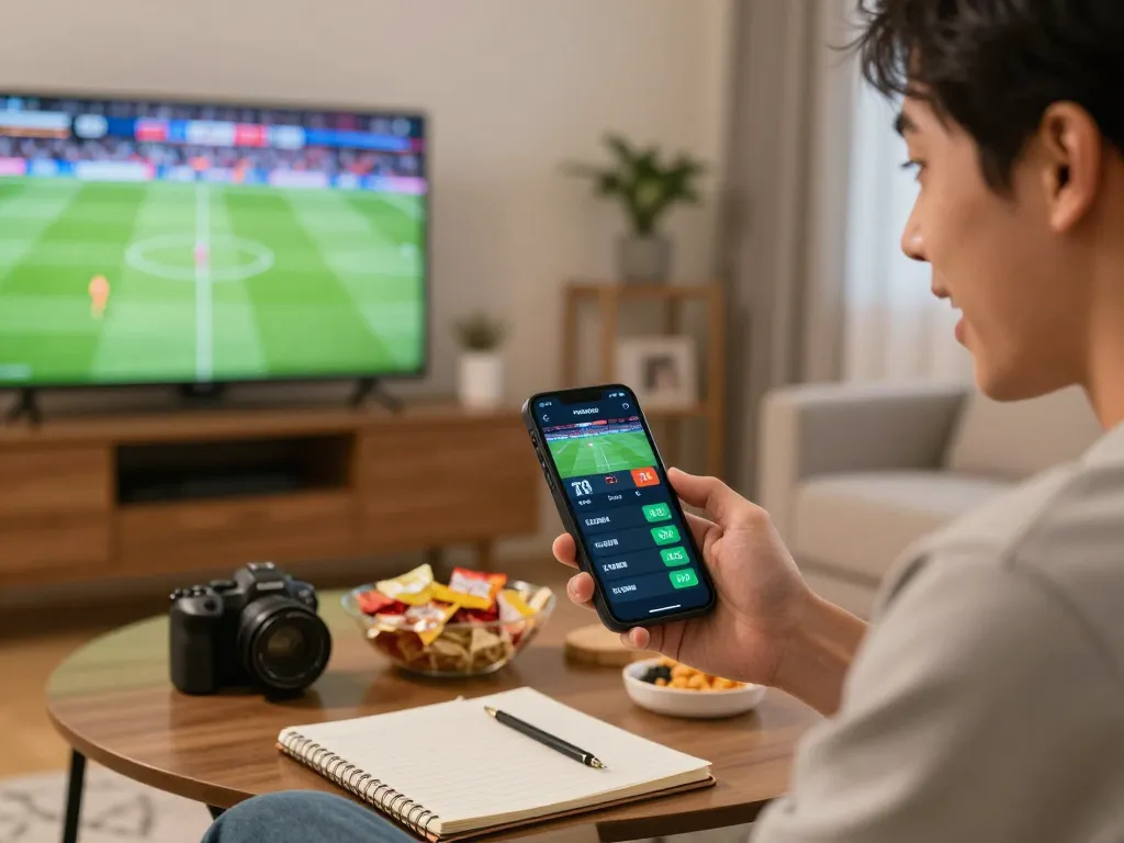 88aa player placing bets on smartphone while watching sports in a cozy living room
