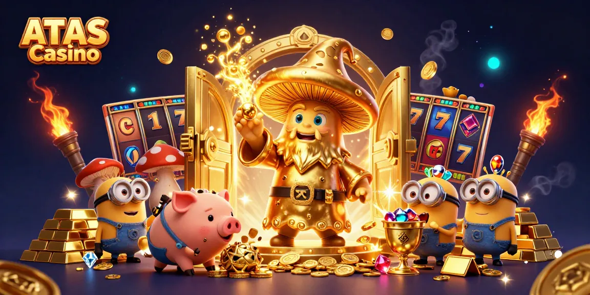 Play exciting slot games at ATAS Casino with a magical wizard and treasures bursting from a golden vault.