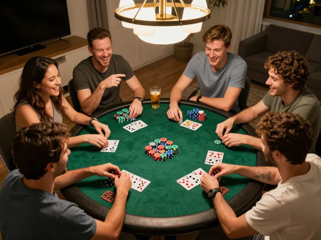 Engaged friends playing poker at home, demonstrating nekatwin link alternatif gaming excitement in a relaxed atmosphere.