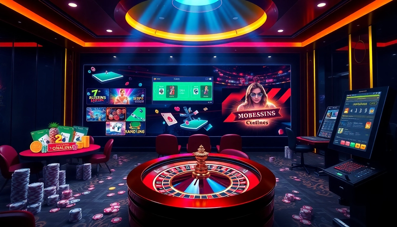 Experience thrilling gambling action at https://33win68.io/ with vibrant casino visuals including roulette wheels and poker chips.