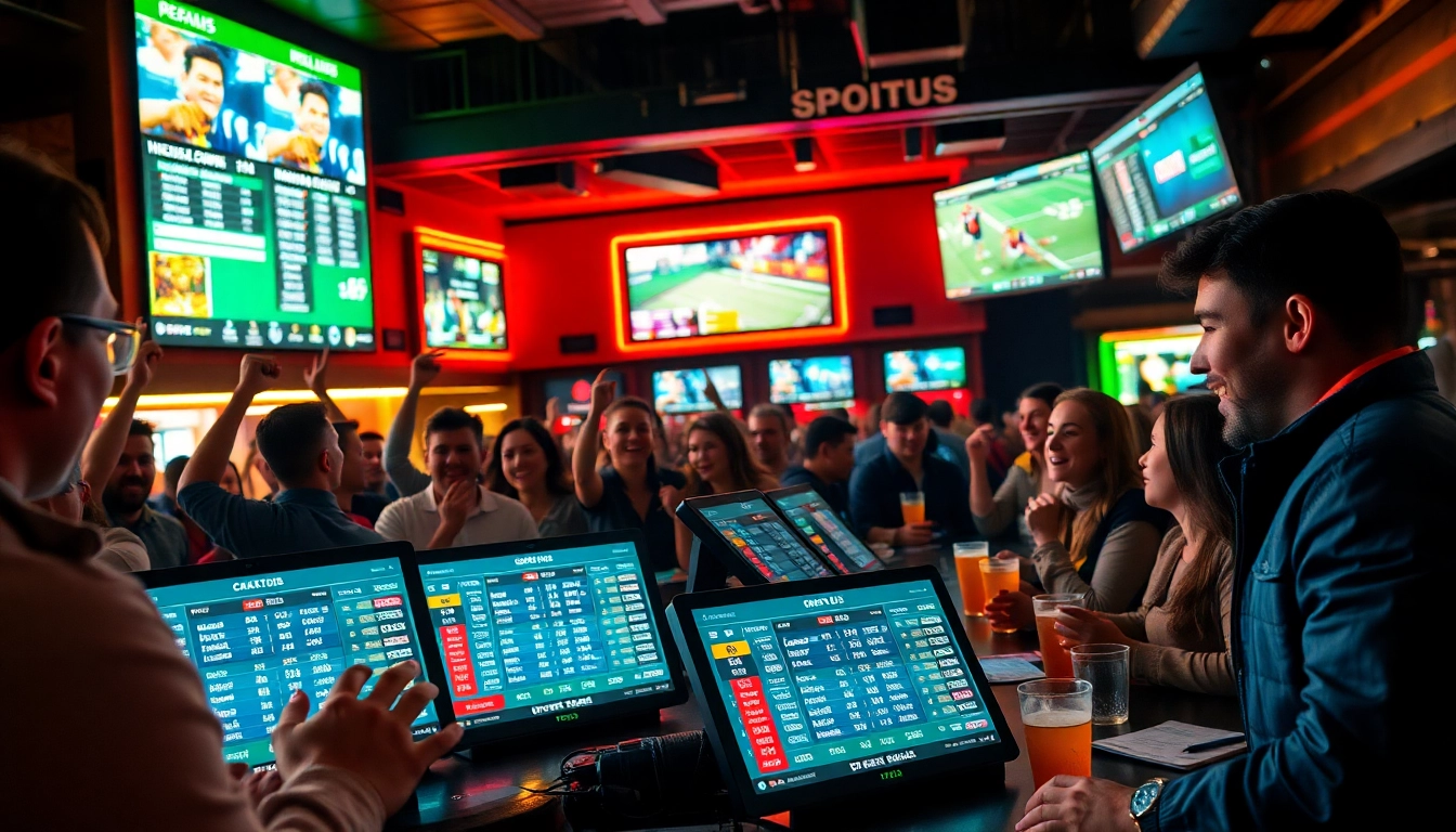 Engaged bettors participating in online Betting amidst a dynamic sports bar atmosphere.