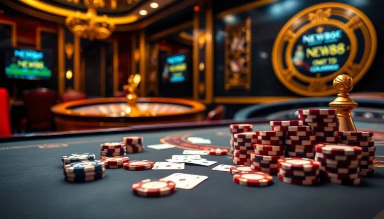 Experience the thrill of New88 with lavish casino gaming featuring poker chips and roulette.