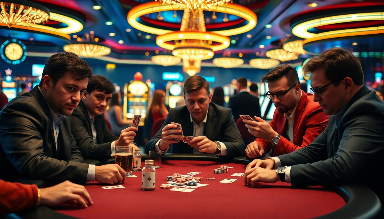Intense Poker Game scene showcasing players focused on their strategy and cards at a casino table.