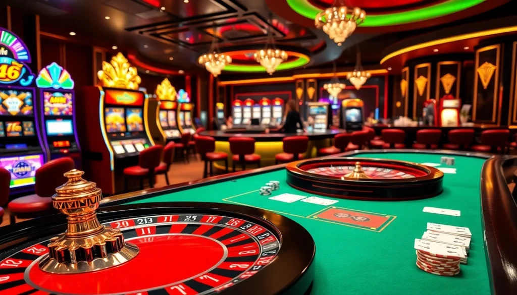 Experience thrilling gaming action at OK8386 with poker chips and roulette wheels.