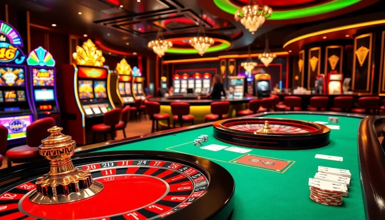 Experience thrilling gaming action at OK8386 with poker chips and roulette wheels.
