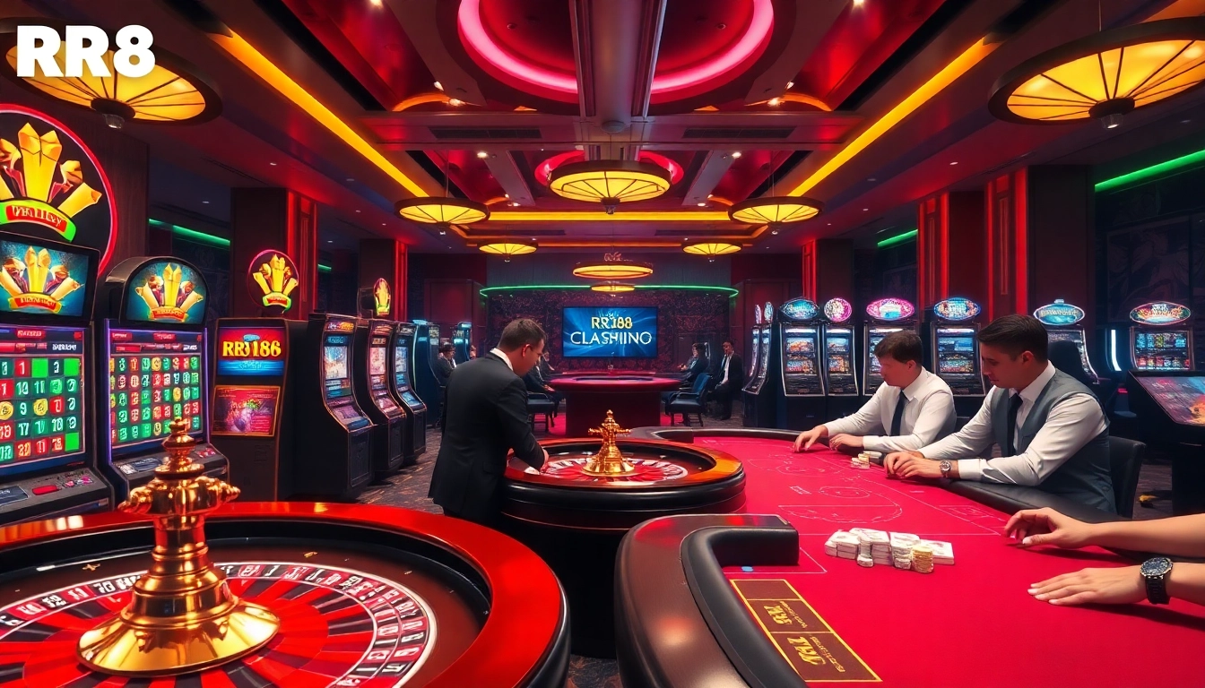 Exciting gameplay at RR88 casino with vibrant slot machines and poker tables.