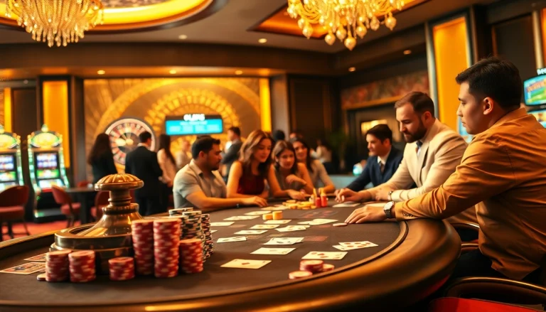 Players enjoy a thrilling gaming experience at the luxurious casino featuring OK8386 poker tables and vibrant slot machines.