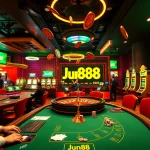 Experience the excitement of Jun88 at a lively casino with poker tables and roulette wheels.