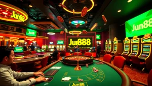 Experience the excitement of Jun88 at a lively casino with poker tables and roulette wheels.