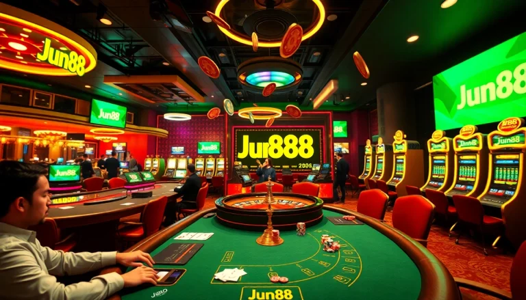 Experience the excitement of Jun88 at a lively casino with poker tables and roulette wheels.