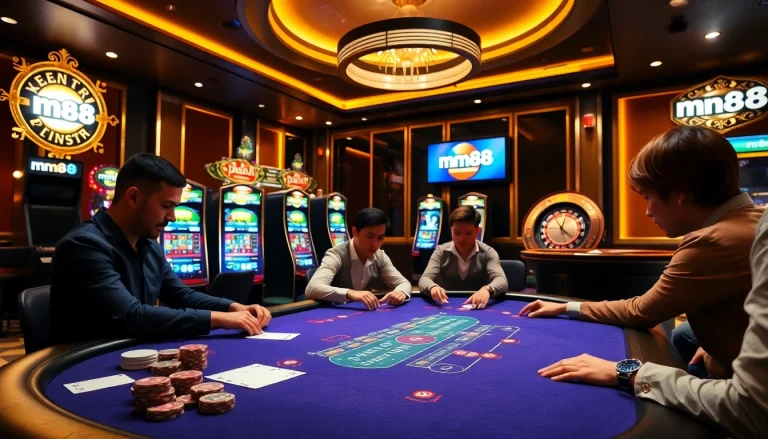 Players enjoying an exciting poker game at mm88 casino, illuminated by vibrant slot machines.