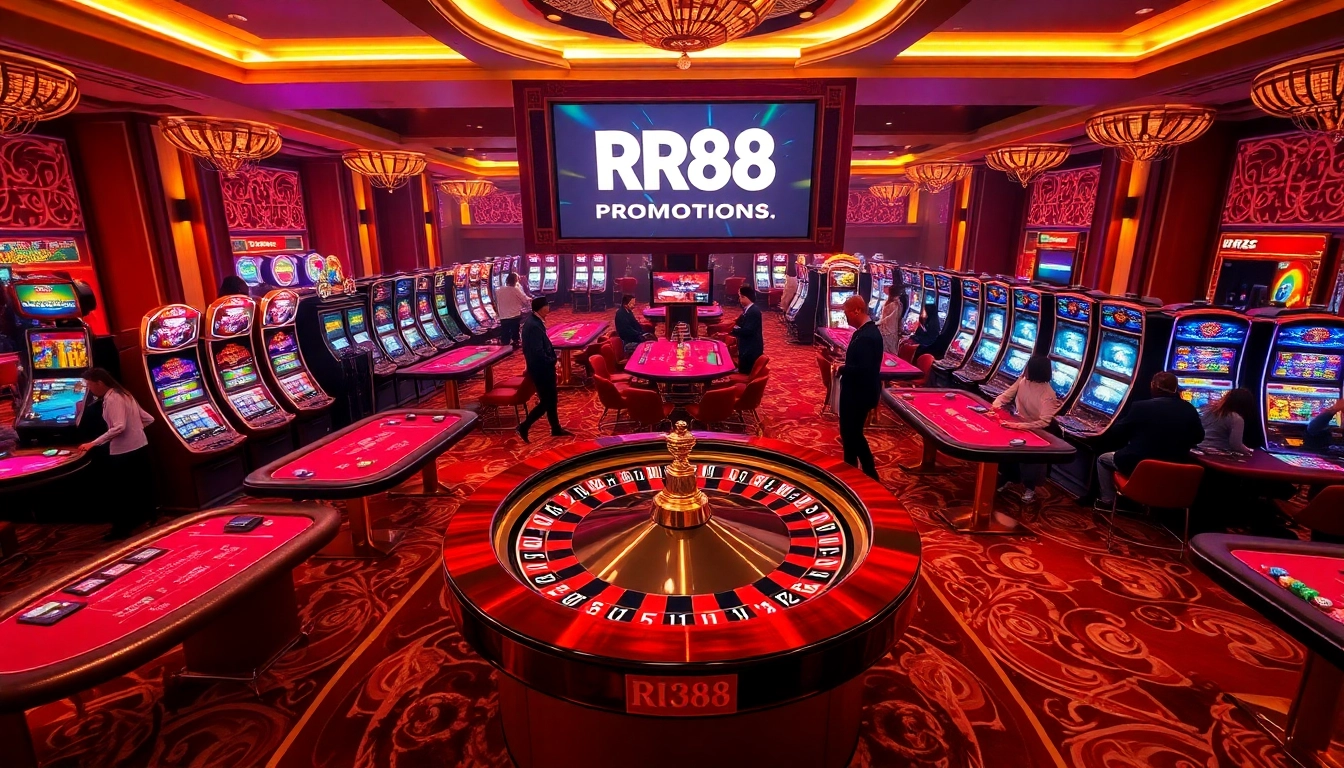 Experience the excitement of RR88 with players engaging at vibrant poker tables and slot machines.