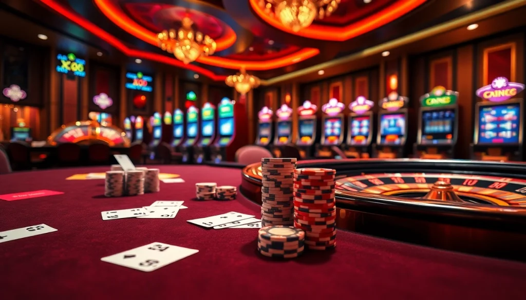 Experience the thrilling gaming atmosphere at XX88 with vibrant casino tables and slot machines.