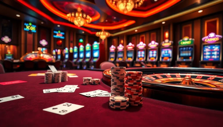 Experience the thrilling gaming atmosphere at XX88 with vibrant casino tables and slot machines.