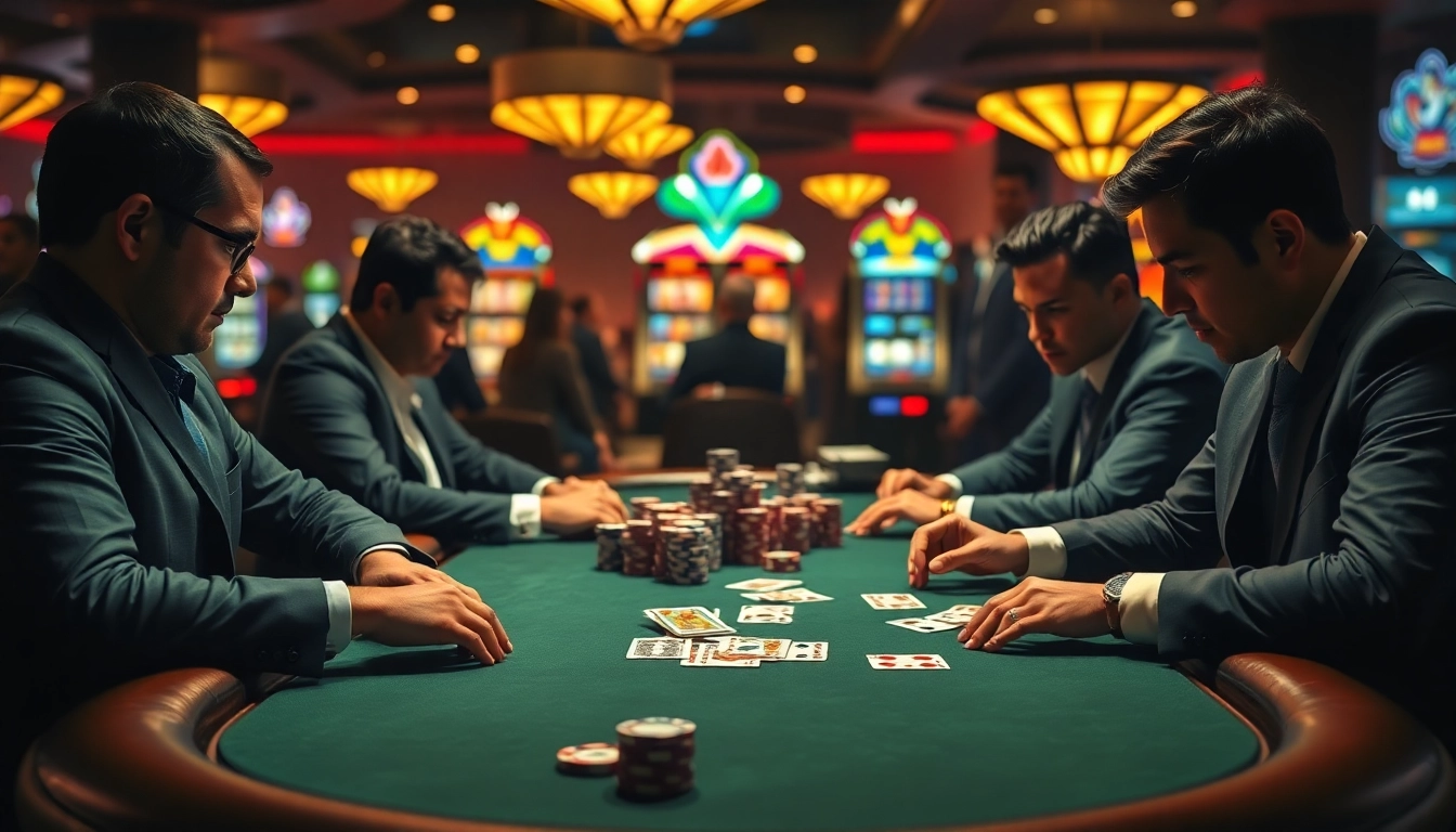 Intense Poker Game scene capturing professional players strategizing at a casino table.