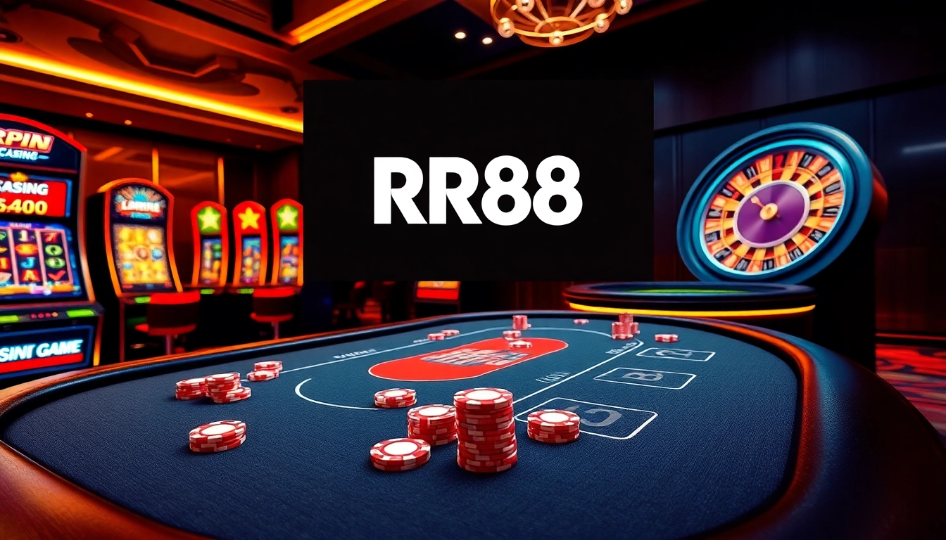 Participez à des jeux en ligne palpitants sur le casino RR88, avec des tables de poker, des jetons éclatants et une roue de roulette.
