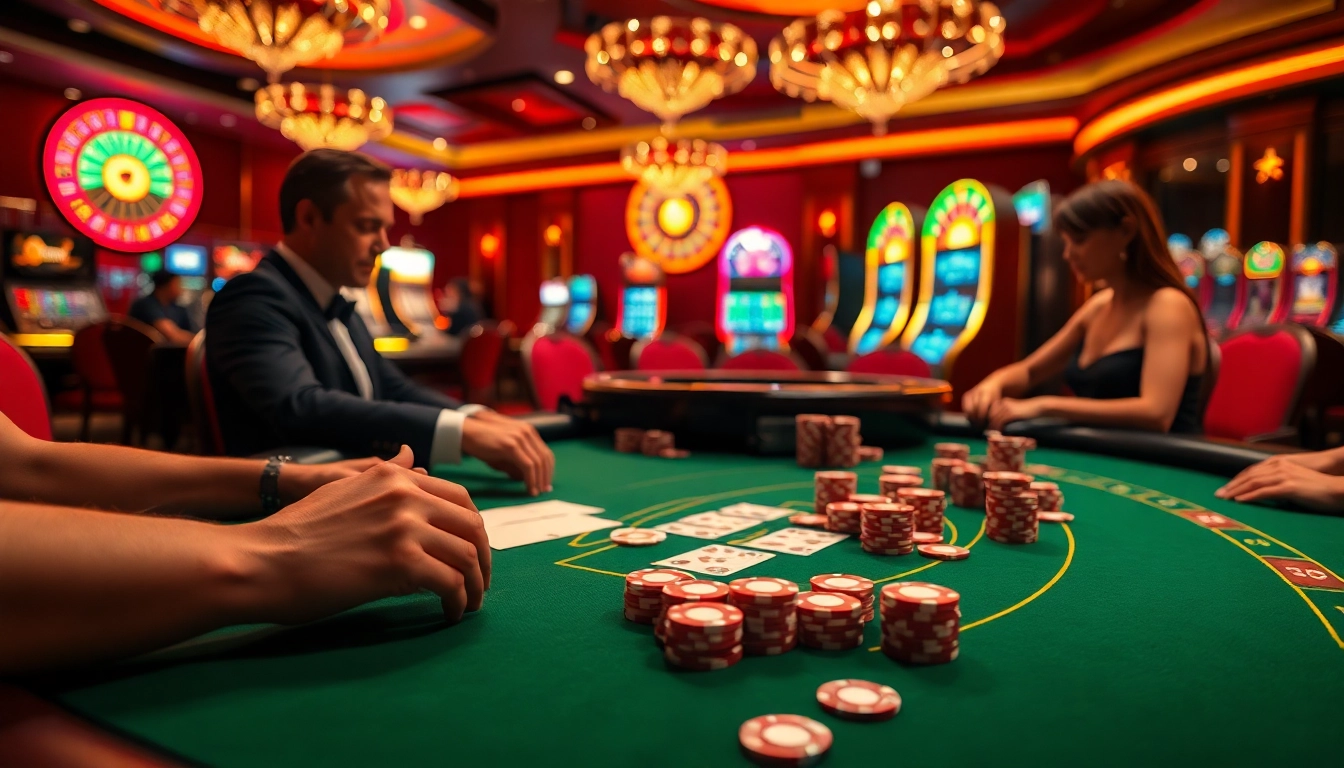 Players enjoying high-stakes excitement at a 32win poker table with colorful chips.