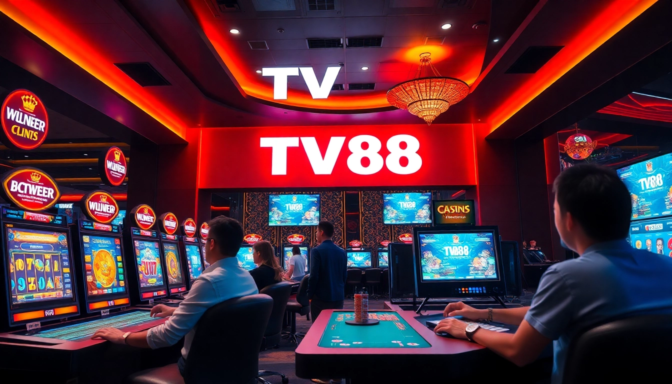 TV88 gaming room featuring players enjoying various casino games in a vibrant atmosphere.