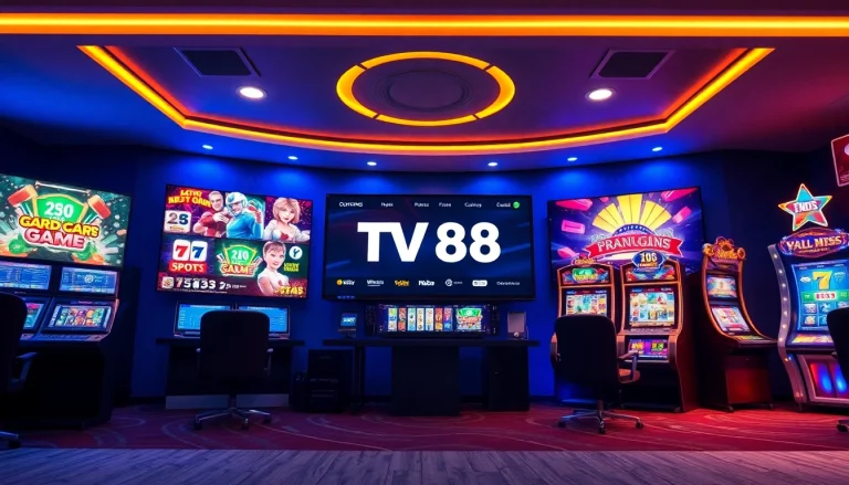 Engaging TV88 online gaming interface with secure transaction symbols and vibrant game displays.