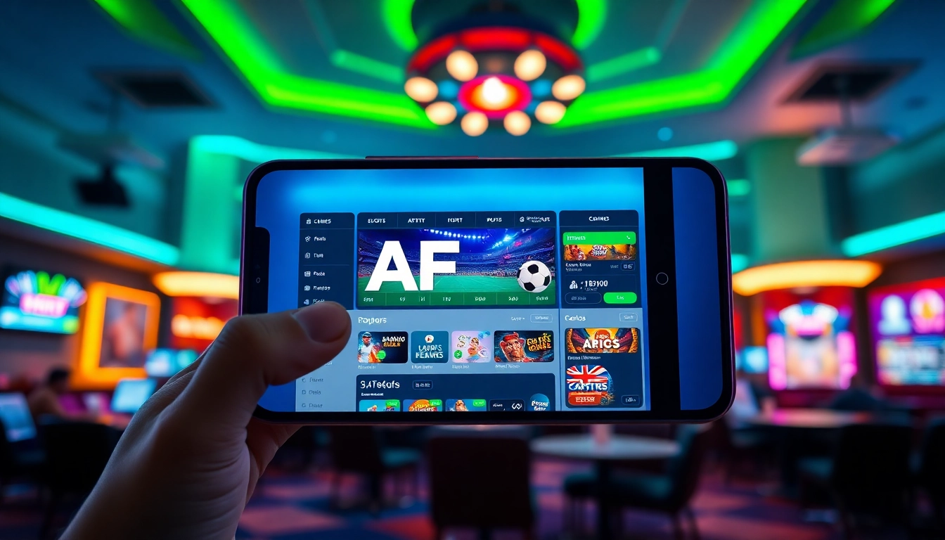 Experience the innovative AF88 online betting platform interface displayed on a smartphone in a lively gaming setting.