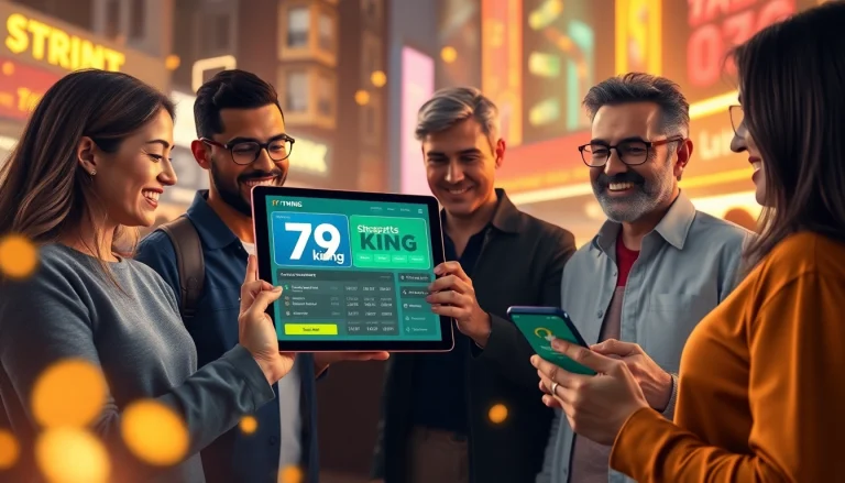 Scène dynamique montrant des utilisateurs engagés sur la plateforme de paris en ligne fiable de 79king, mettant en avant la technologie avancée et l’excitation en 2025.