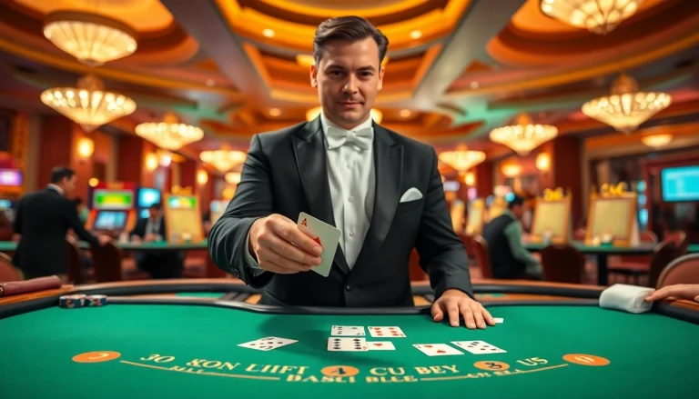 Engaging blackjack casino scene with a professional dealer and excited players.