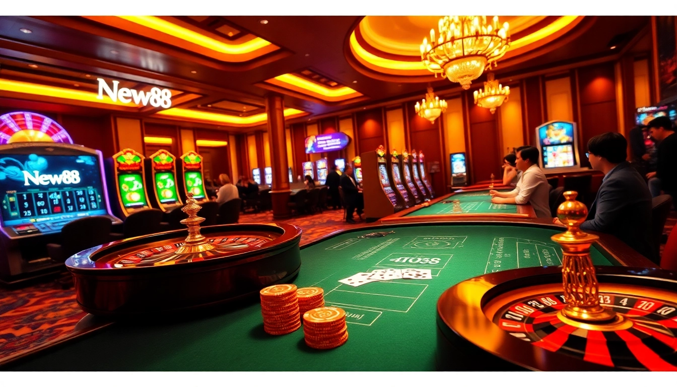 Players enjoying exciting games at New88 casino with vibrant tables and engaging atmosphere.