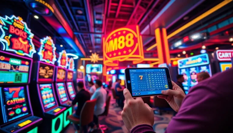 The vibrant online gambling atmosphere at MM88 with sports betting and casino games.