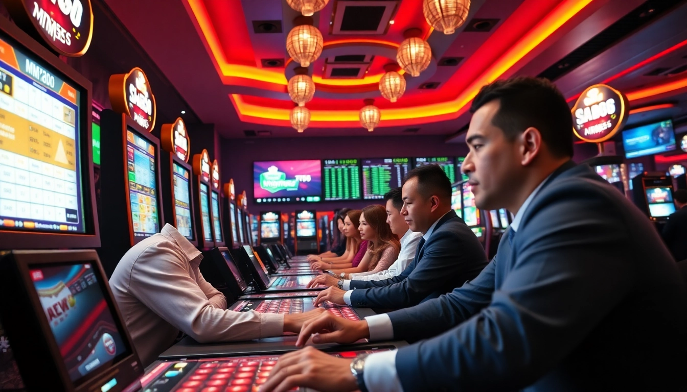 Experience the thrill of online gaming at MM88 with players engaged in live dealer games and vibrant slot machines.