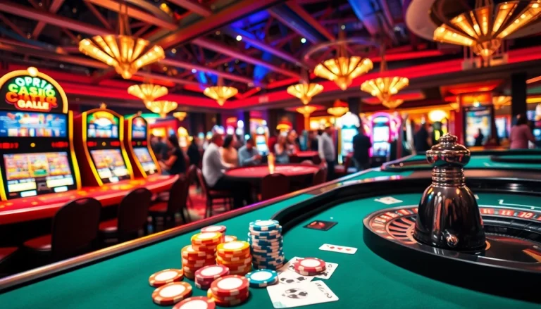 Engaged players enjoying a lively casino environment with vibrant gaming tables and roulette wheel.