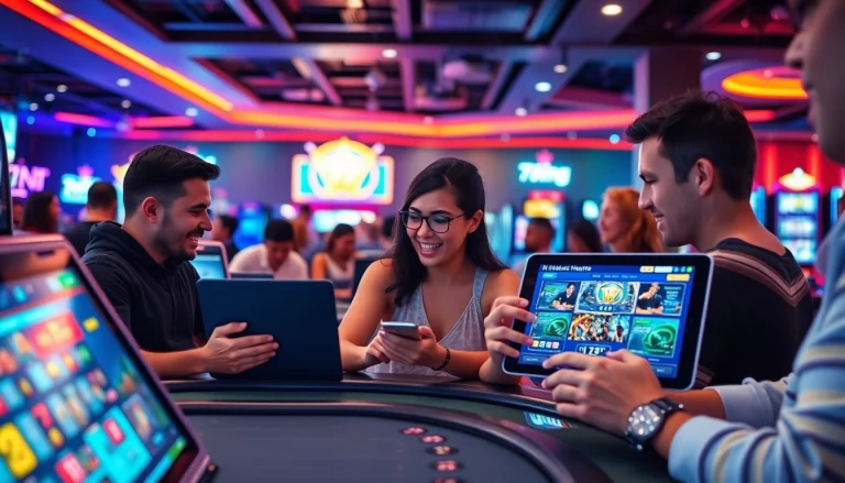 79king online betting platform with vibrant casino ambiance featuring diverse players and technology elements.