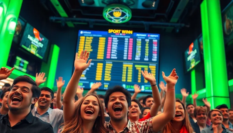Engaged fans celebrating Sports Betting wins in a lively sportsbook environment.