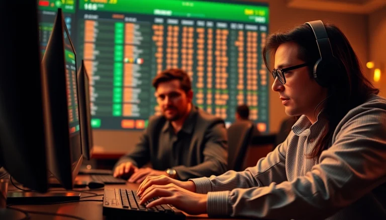 Gamblers engaged in online Betting excitement with a sleek desktop setup showcasing dynamic sports odds.