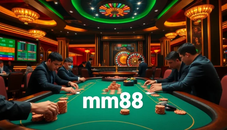 Experience the thrill of mm88 online casino gaming with a vibrant poker table and roulette wheel.