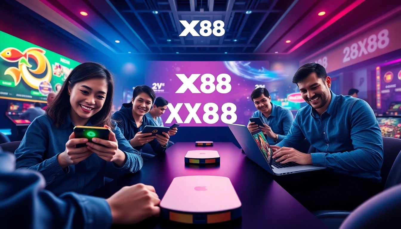 Engaging online betting scene showcasing XX88 brand with players enjoying dynamic games on modern devices.