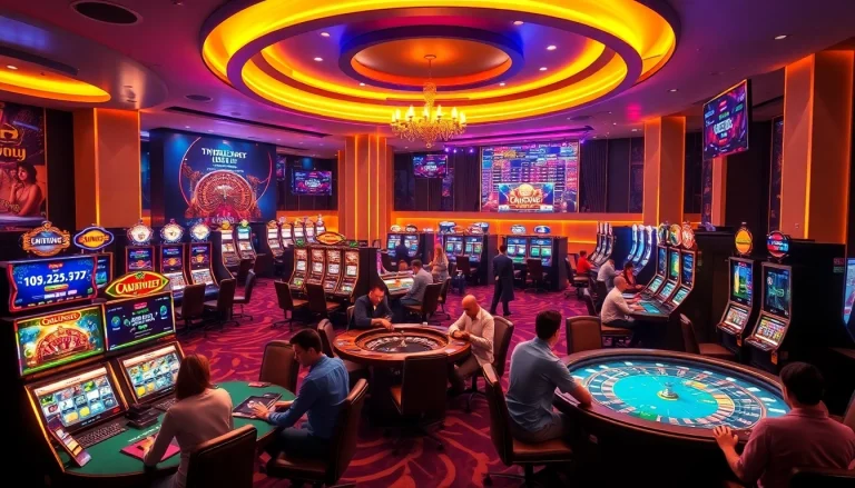 New88 online casino scene with players enjoying slot machines and poker tables in a vibrant atmosphere.